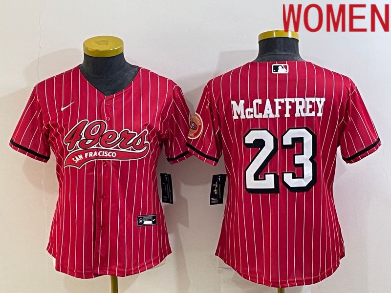 Women San Francisco 49ers #23 Mccaffrey Red Stripe Nike Co branded NFL Jerseys1->women nfl jersey->Women Jersey